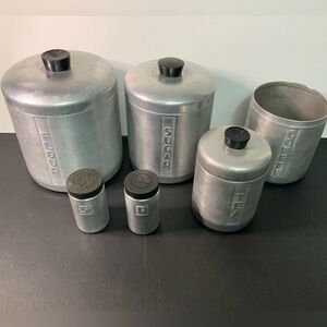 Vintage brushed Aluminum canister 7 piece 	set with matching Salt & Pepper